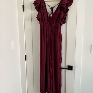 Burgundy Jacquard Deep-V Ruffled Jumpsuit, Size Medium